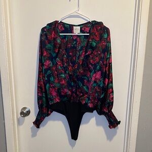 Misa Los Angeles Floral Long-Sleeve Bodysuit in Black, Pink & Green